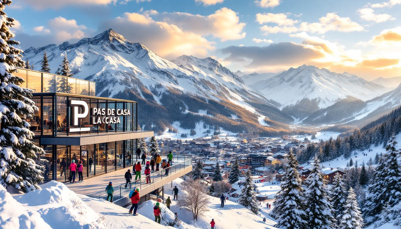 A panoramic view of ski hire Pas de la Casa ski resort, showcasing ski equipment rentals.