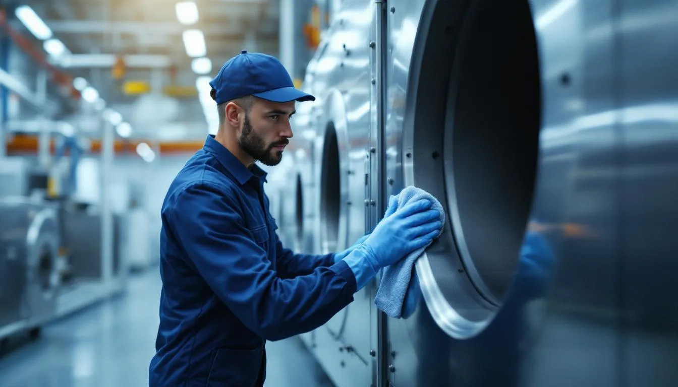 A professional cleaner performing maintenance on machinery to protect assets with professional cleaning services.