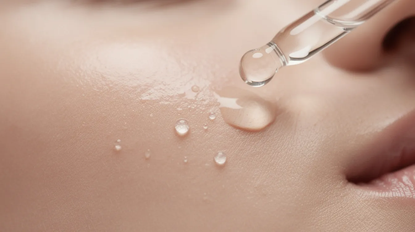 A close-up image shows clear serum droplets being gently applied to smooth skin, highlighting the benefits of hyaluronic acid for maintaining hydrated skin. This serum acts as a water magnet, helping to retain moisture and improve skin elasticity for a youthful appearance.