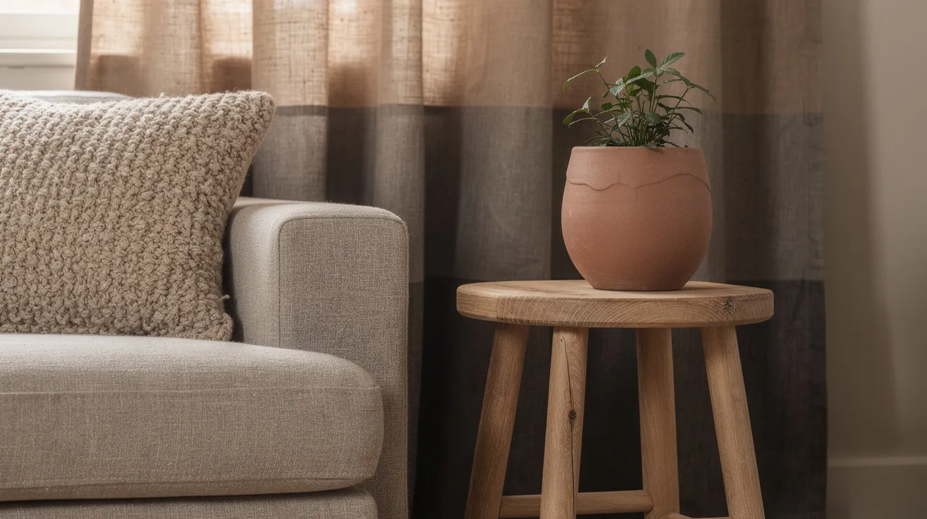 Een sfeervolle hoek van een woonkamer met verschillende texturen, waaronder een wollen kussen, een houten krukje, een keramieken pot en een linnen gordijn in warme aardetinten. De combinatie van natuurlijke materialen en aardse kleuren creëert een rustige basis met een mooie balans in het interieur.