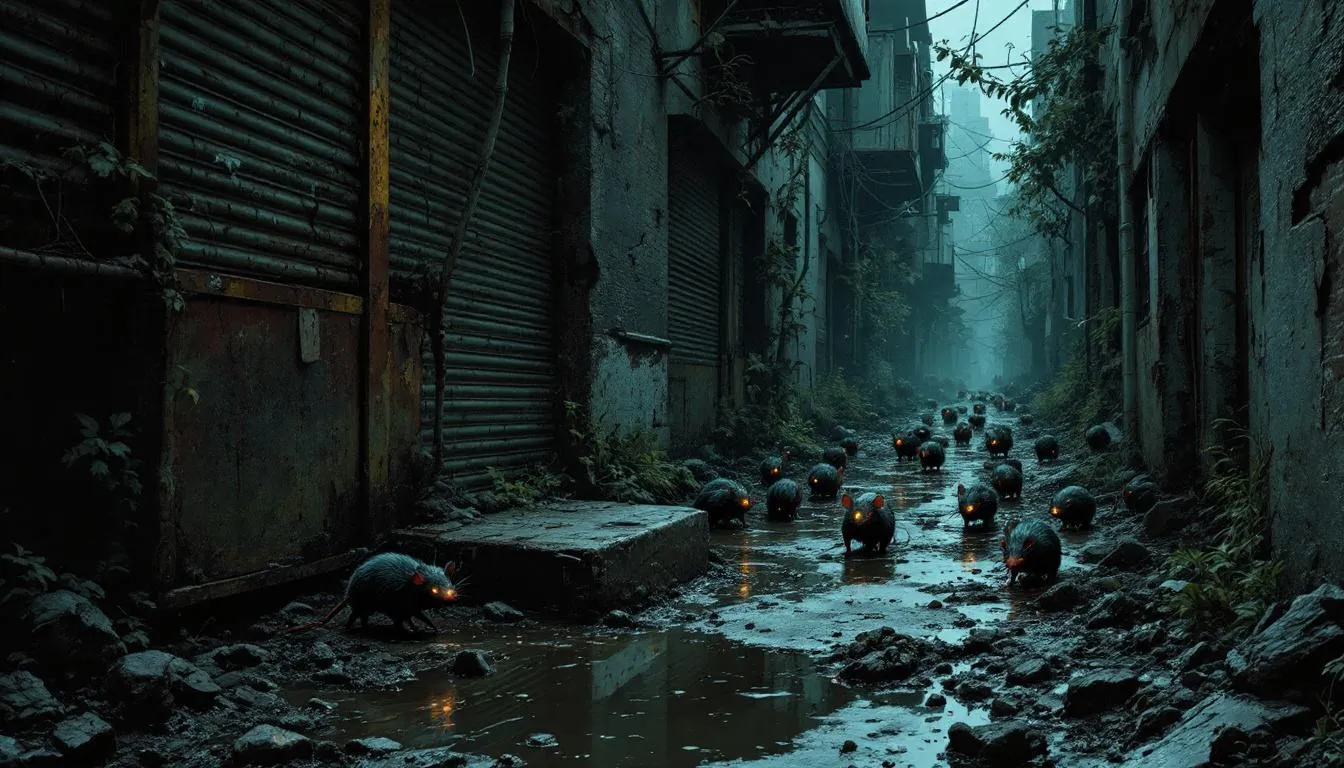 A scene depicting wild rodents in a natural habitat, illustrating their role in spreading leptospirosis.