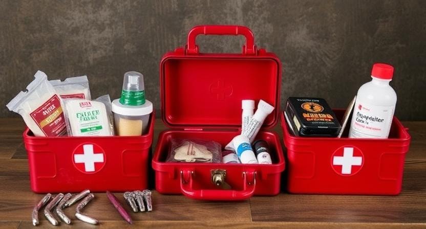 First aid kit with bandages and dressings