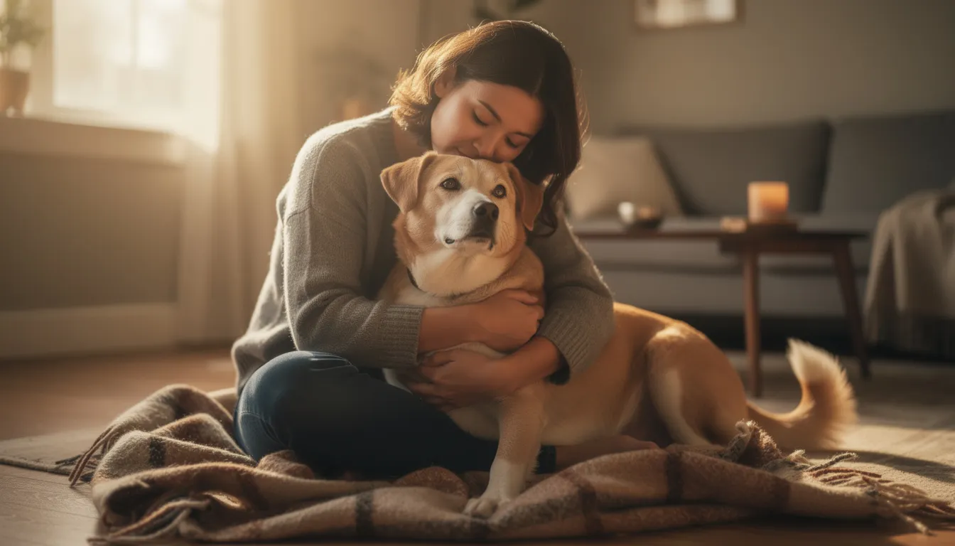 A person is gently holding their calm dog on a soft blanket indoors, creating a sense of warmth and reassurance. This scene highlights the importance of immediate veterinary care and having a pet emergency kit ready for any unexpected situations.