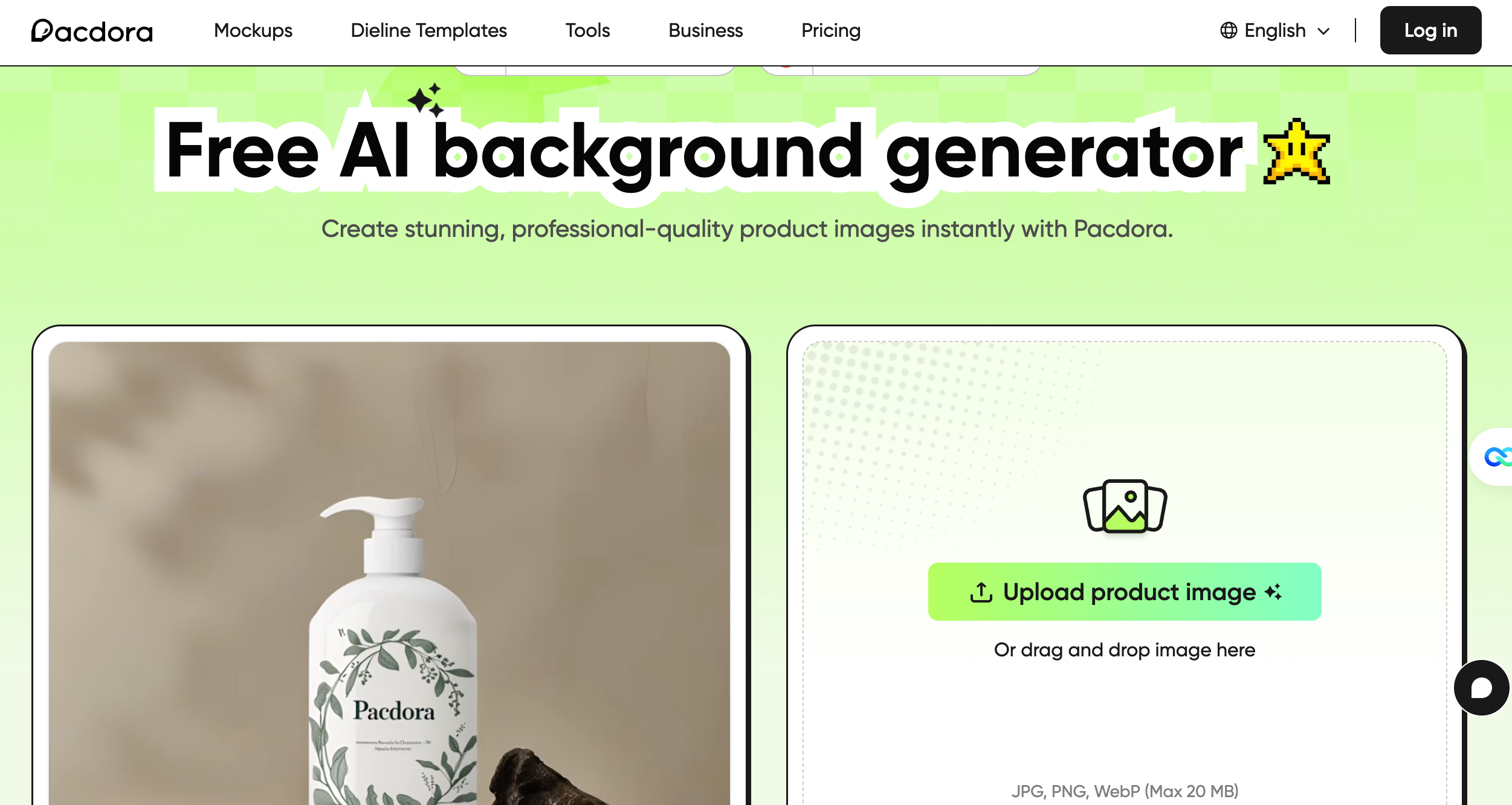 Pacdora's AI background generator interface showing a white soap dispenser mockup and an upload box for creating free product images online.