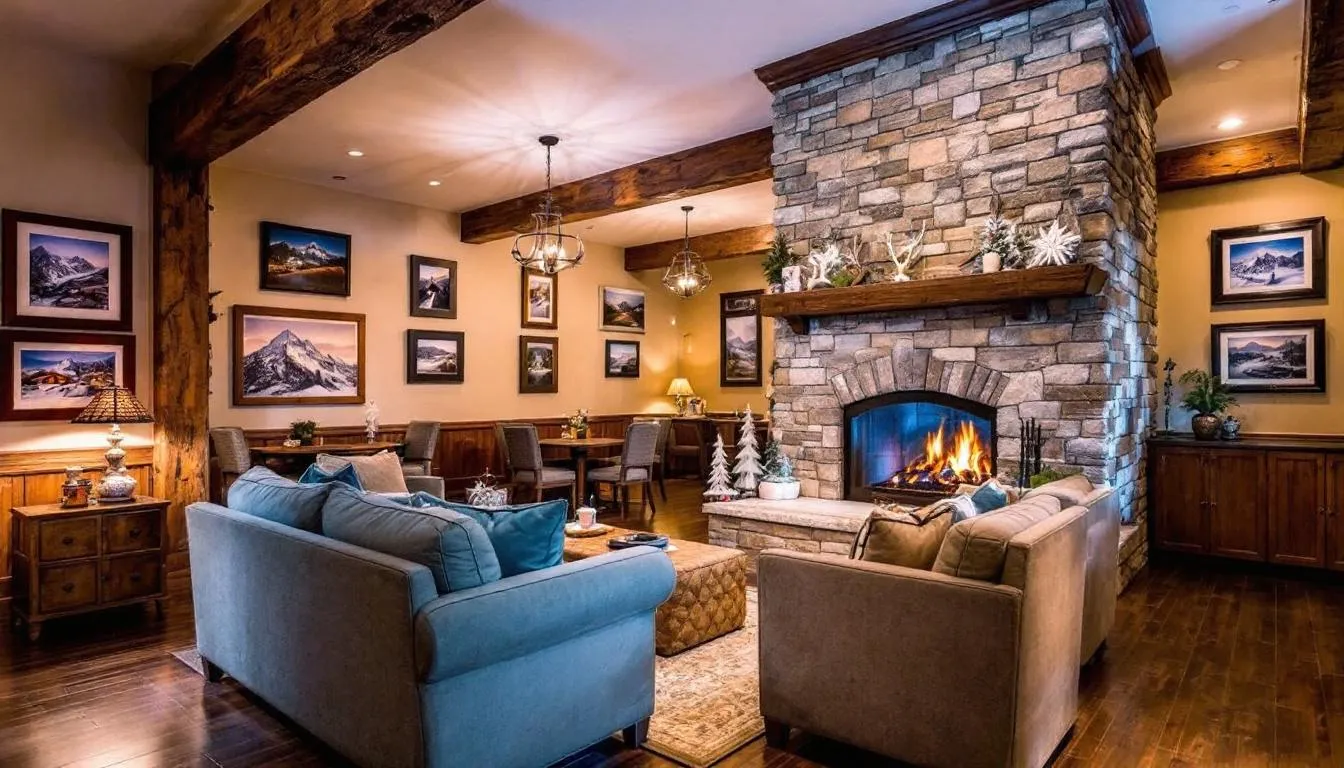 The image depicts the inviting interior of a ski lodge, featuring comfortable seating areas adorned with mountain decor, perfect for relaxing after a day at Brian Head Resort. The warm atmosphere and cozy furnishings create a welcoming space for skiers and families looking to enjoy their time at this Southern Utah ski destination.