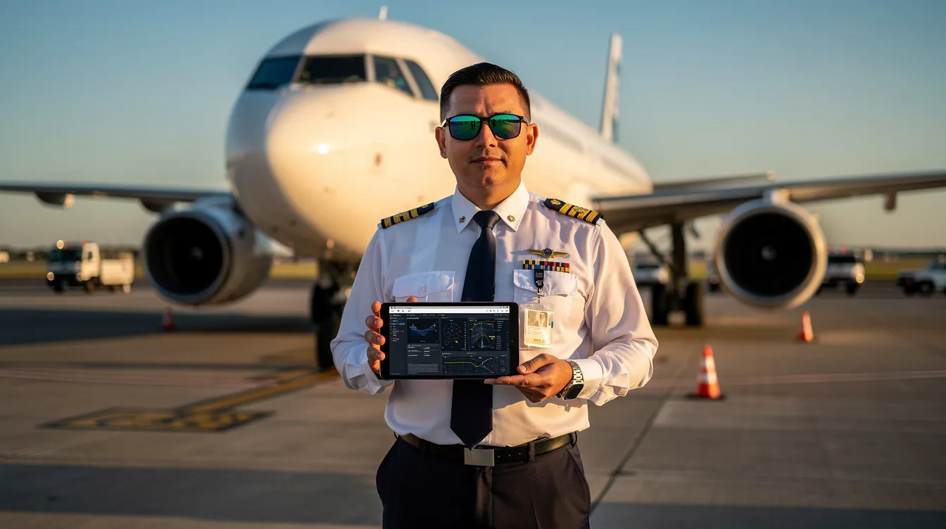 A pilot stands in front of an aircraft on a ramp, using a tablet to access an aviation training management software. This scene highlights the integration of technology in flight training, emphasizing real-time data and resource management in the aviation industry.