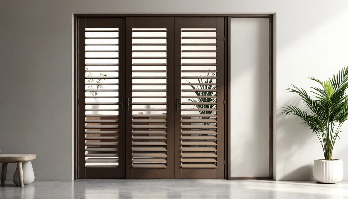 A louvered door providing light control and privacy in a stylish interior setting.