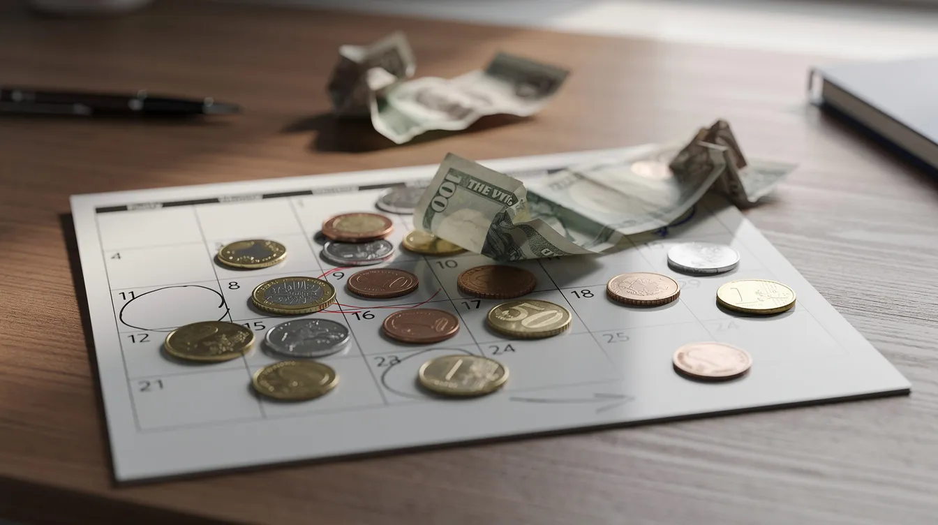 The image shows a calendar page laid out on a desk, surrounded by scattered coins and paper bills, symbolizing the management of personal finances and expense tracking. This scene reflects the importance of budgeting and tracking expenses to maintain control over cash flow and save money.