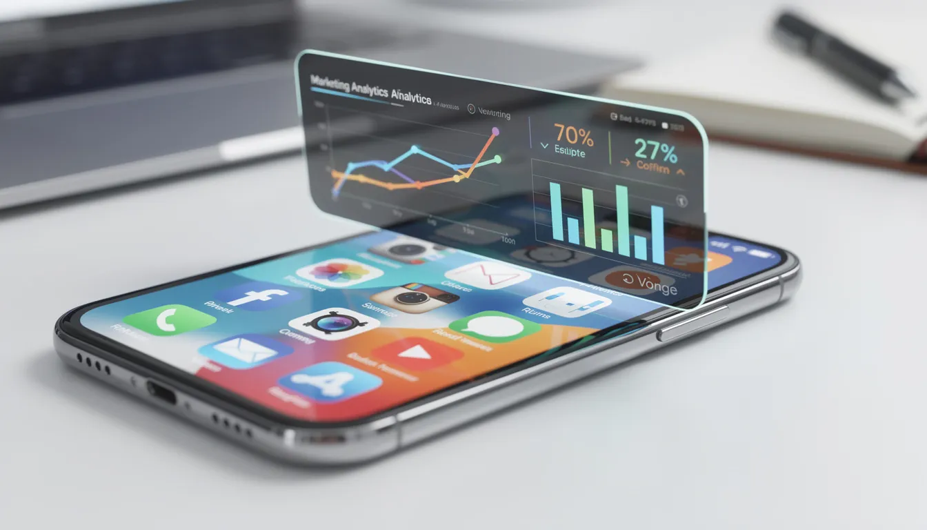 The image shows a smartphone screen filled with various social media applications alongside marketing analytics tools, illustrating the integration of digital marketing services and performance marketing strategies. This visual represents the essential role of a digital marketing agency in managing social media and optimizing marketing efforts for measurable growth.