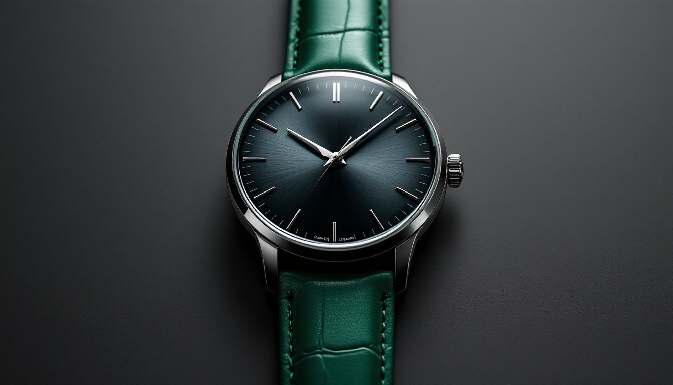 A stylish watch with a green leather strap perfectly paired with its watch head.
