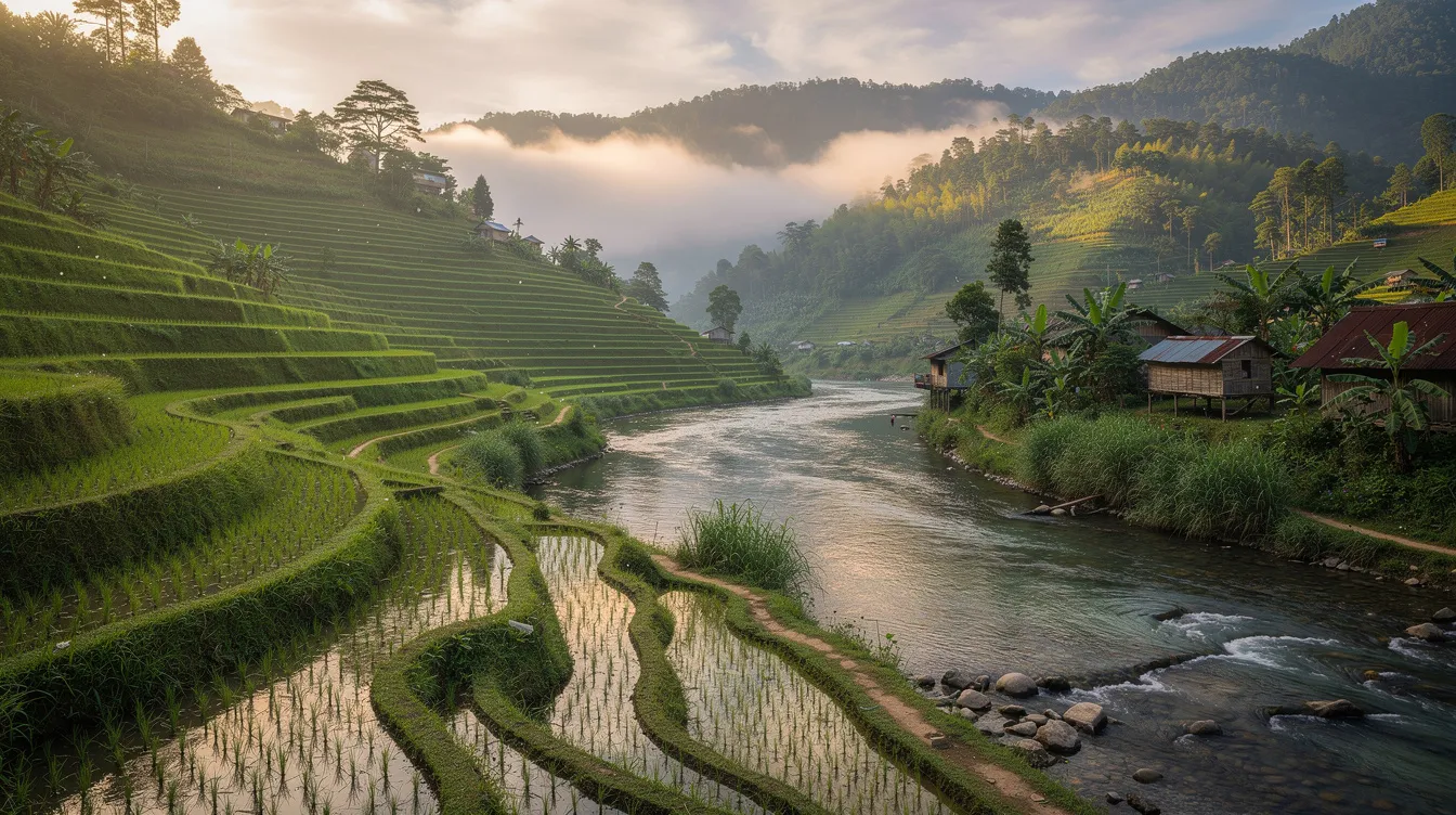 4b2c101e 1f34 4a3a 99c6 8dfd59f4d155 The image depicts a picturesque, lush green valley in Northeast India, featuring terraced rice fields cascading down the hillsides and a serene river flowing through the landscape. This vibrant scene highlights the region's rich soil and natural resources, which present numerous business opportunities for budding entrepreneurs, particularly in agriculture and food processing.