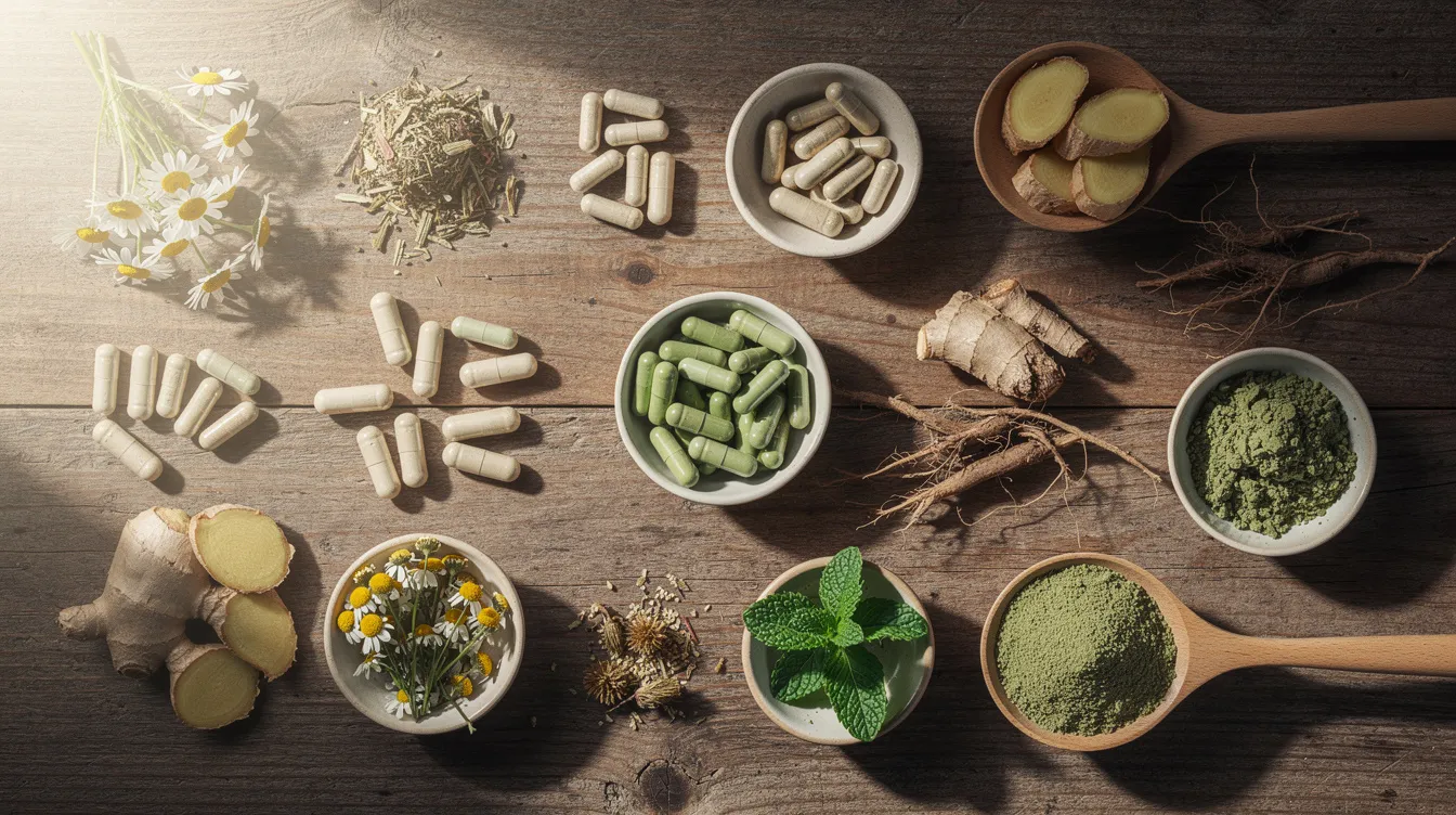 The image features an assortment of herbal supplement capsules alongside various botanical ingredients, all beautifully arranged on a wooden surface. These natural ingredients are often associated with boosting libido, enhancing sexual health, and improving blood flow, making them popular choices for those seeking to increase sexual vitality and satisfaction.