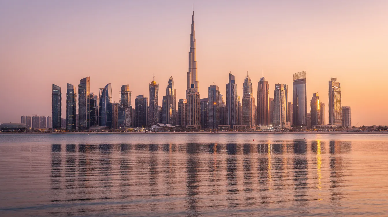 A stunning panoramic view of the Dubai skyline at sunset showcases modern glass skyscrapers reflecting golden light, symbolizing the vibrant property market and investment opportunities in Dubai's real estate sector. This image highlights the appeal of Dubai's real estate investments, attracting global investors and showcasing the city's world-class infrastructure.