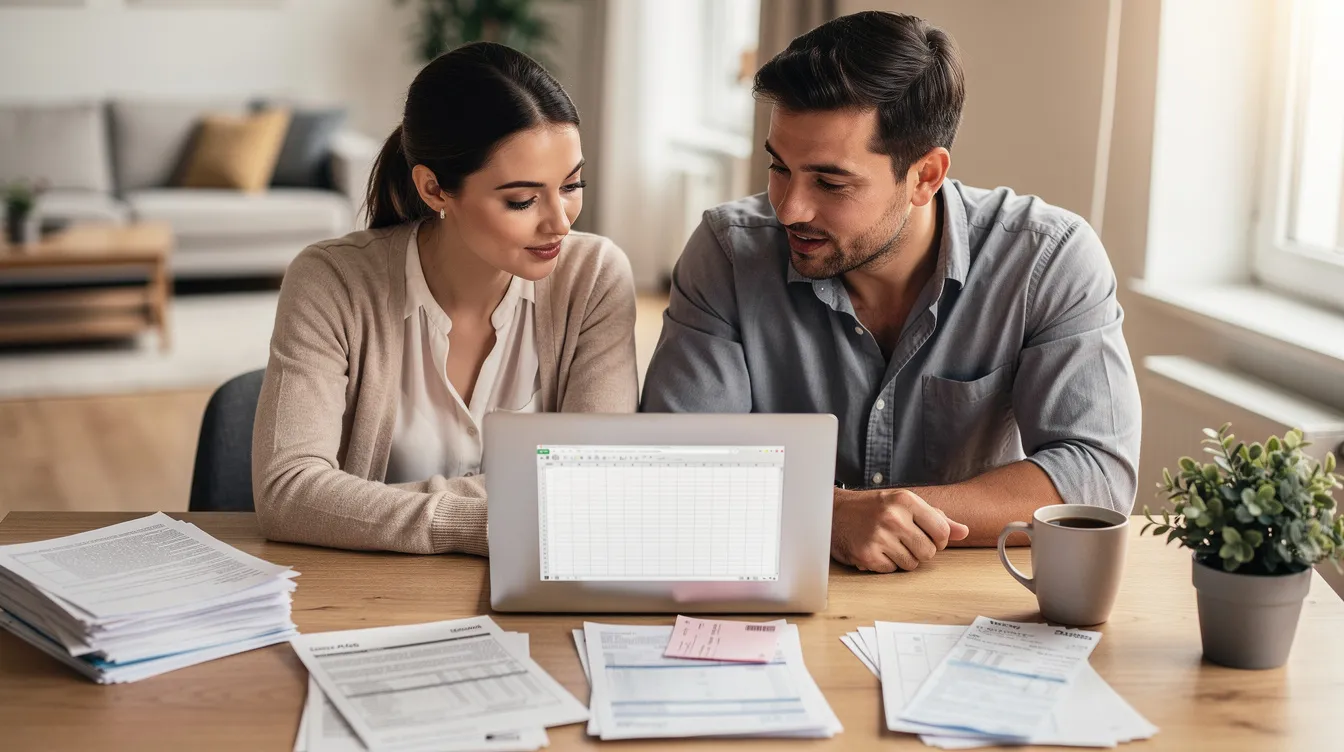 A professional-looking couple is seated at a home desk, closely examining financial documents and bills together, symbolizing teamwork in managing their finances. The setting reflects a sense of responsibility often associated with 公務員 roles in 香港 特別 行政區.