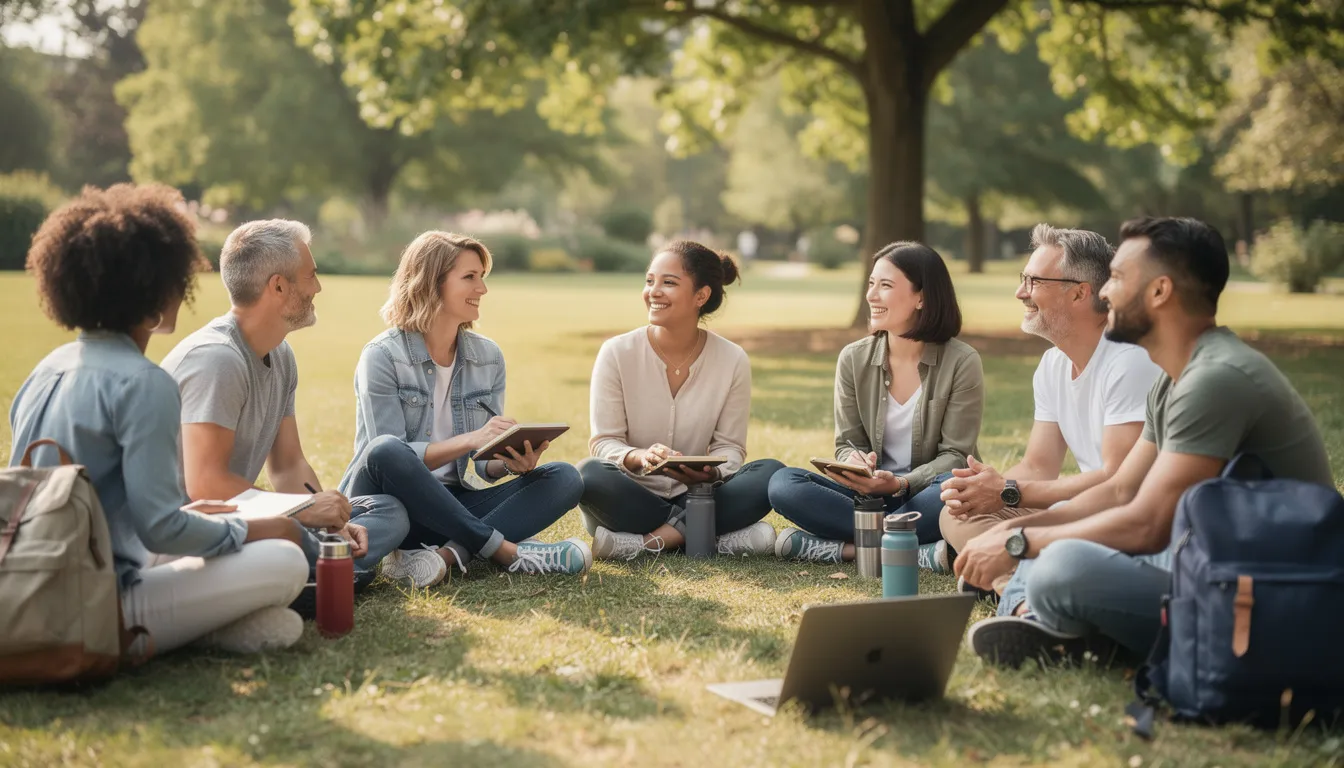A diverse group of people sits in a circle outdoors, engaged in a peaceful discussion that fosters a sense of spiritual connection and self-awareness. This gathering embodies the essence of spiritual growth and transcendent experiences, as participants share their insights and wisdom in the present moment.