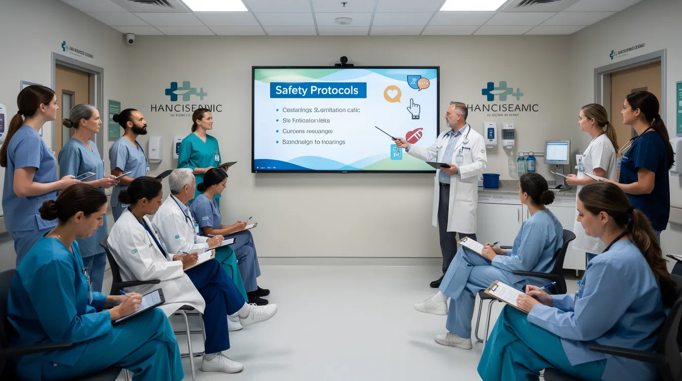 A group of healthcare professionals is engaged in a training session, focused on reviewing safety protocols displayed on a large screen, emphasizing the importance of preventing medical errors and improving patient safety in healthcare settings. The session highlights key topics such as medication errors, diagnostic errors, and the role of effective communication in reducing the risk of patient harm.