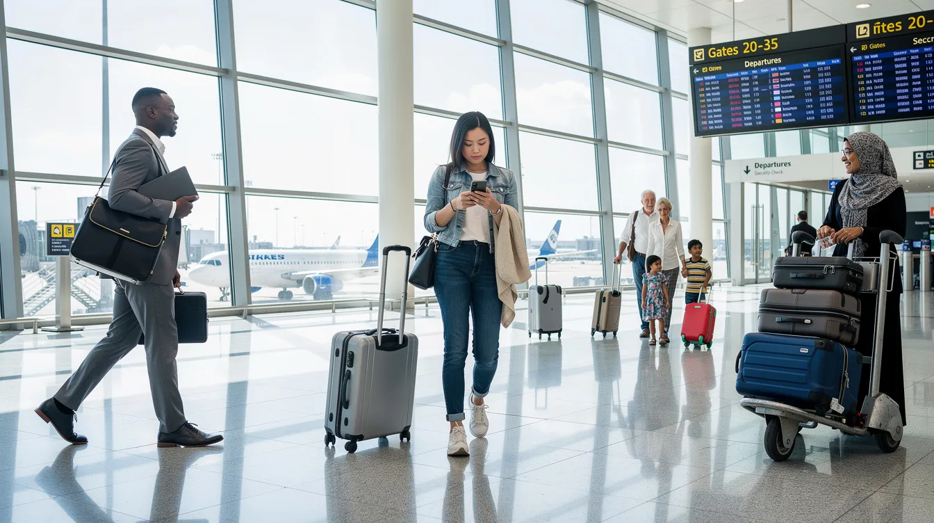 A diverse group of travelers, including individuals of various ethnic backgrounds, are seen walking through an international airport terminal, each carrying suitcases. They appear to be in the process of booking travel and may be heading to Ireland, with thoughts of visa fees and embassy visits on their minds.