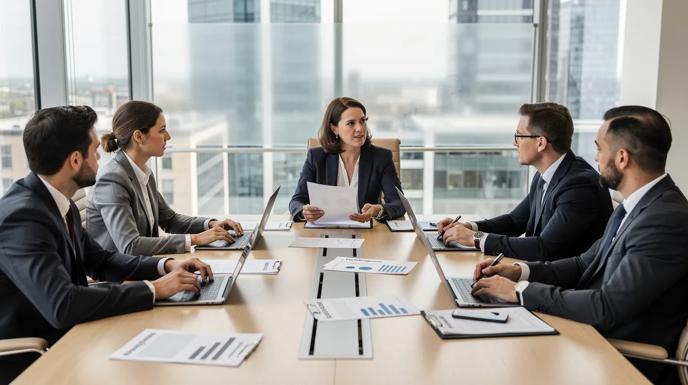 Een groep professionals, waaronder een compliance officer en een compliance manager, bespreekt belangrijke documenten aan een vergadertafel, omringd door laptops. Ze richten zich op de naleving van wet- en regelgeving binnen de financiële sector, met aandacht voor ethische normen en interne richtlijnen.