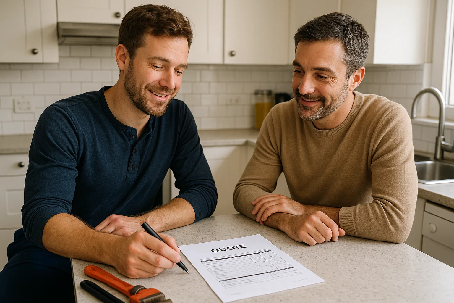 Homeowner and local plumber reviewing transparent pricing in a Stockport kitchen.