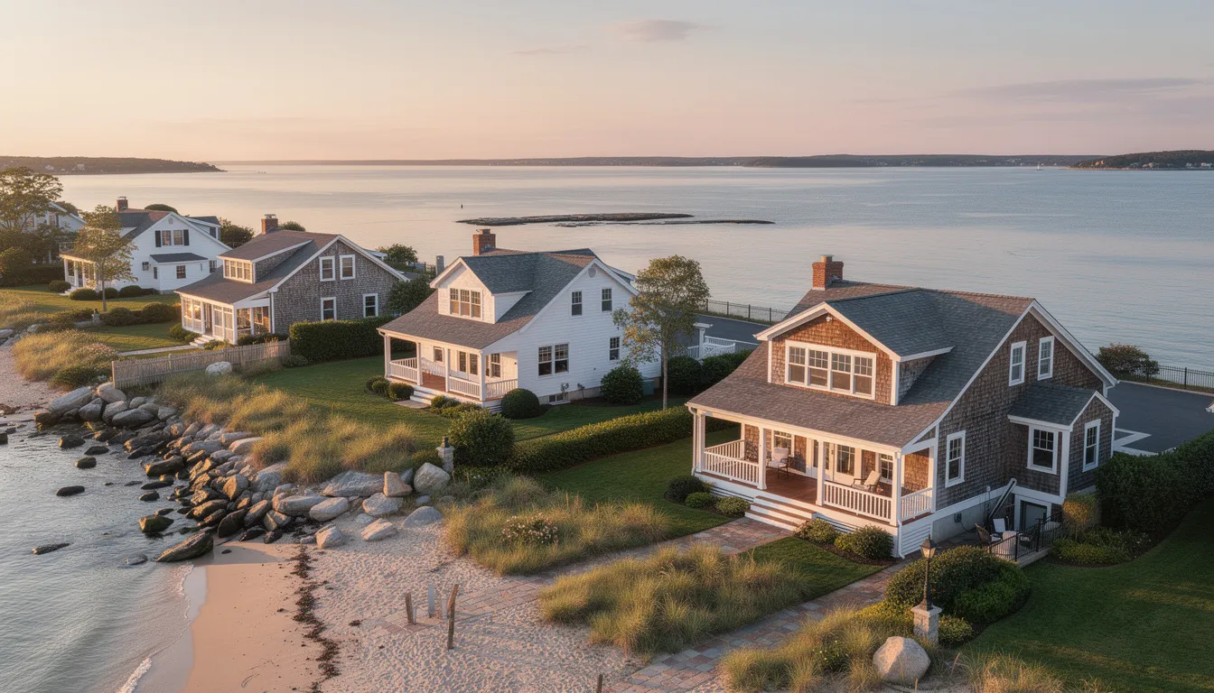 The image depicts charming coastal homes lining the Connecticut shoreline, with the serene Long Island Sound visible in the background. This scene reflects the appeal of Connecticut's real estate market, showcasing desirable properties that attract serious buyers and real estate investors alike.