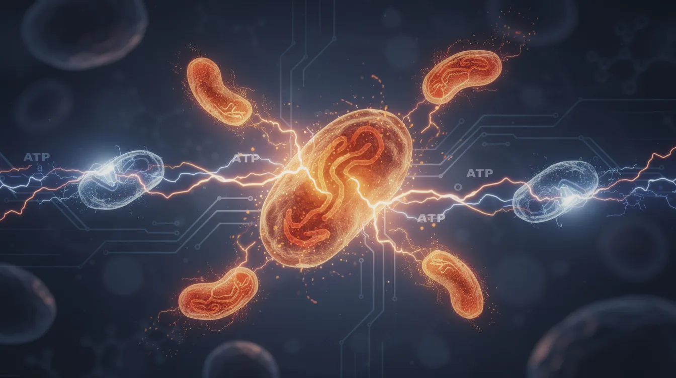 The image depicts an abstract visualization of cellular mitochondria, highlighting their role in energy production and cellular health. This representation emphasizes the importance of mitochondrial function in areas such as reproductive health and female fertility, illustrating how optimal mitochondrial health can support processes like egg quality and overall energy metabolism.