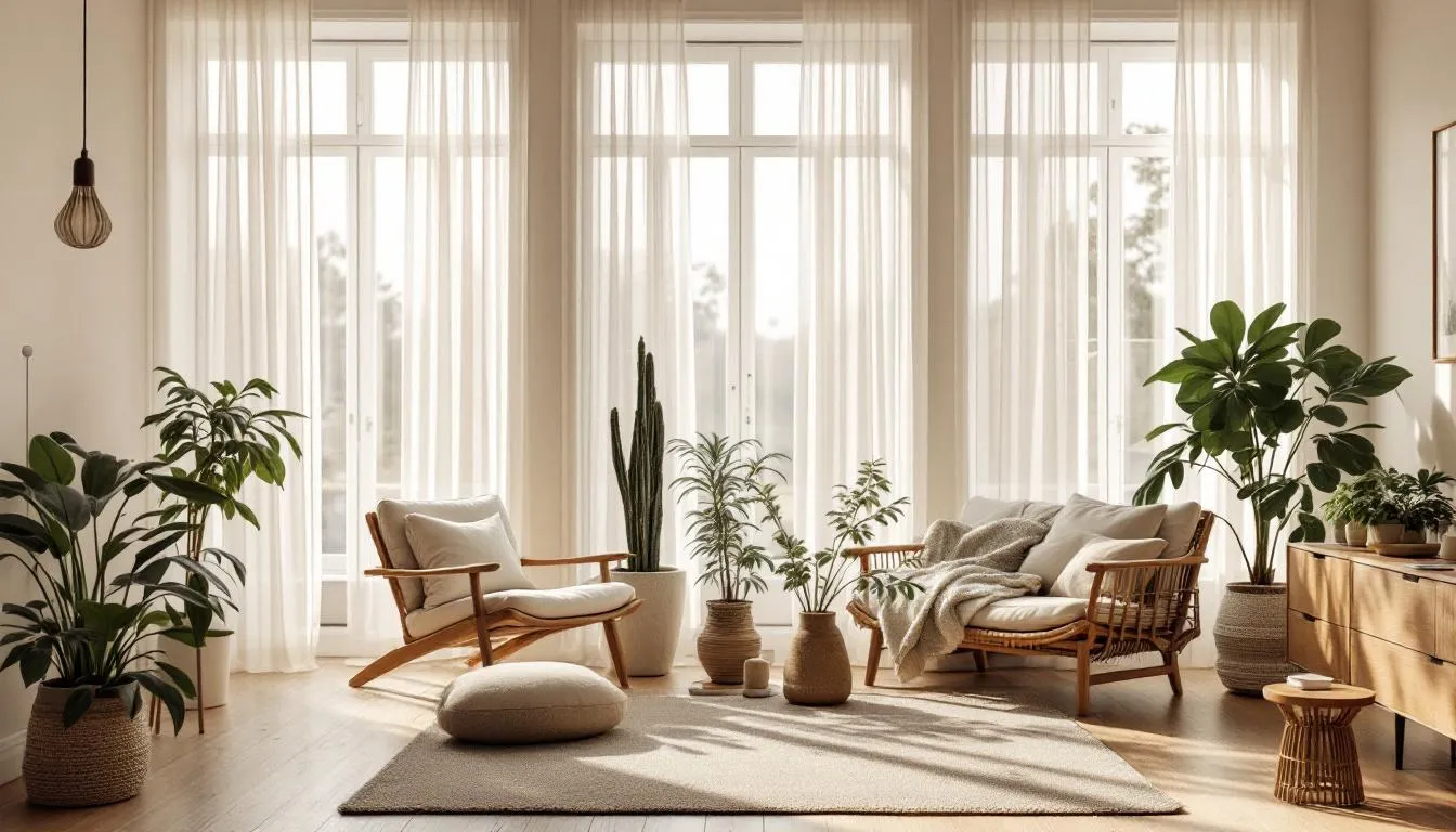 A bright room featuring light filtering shades that allow natural light to enter while maintaining privacy.