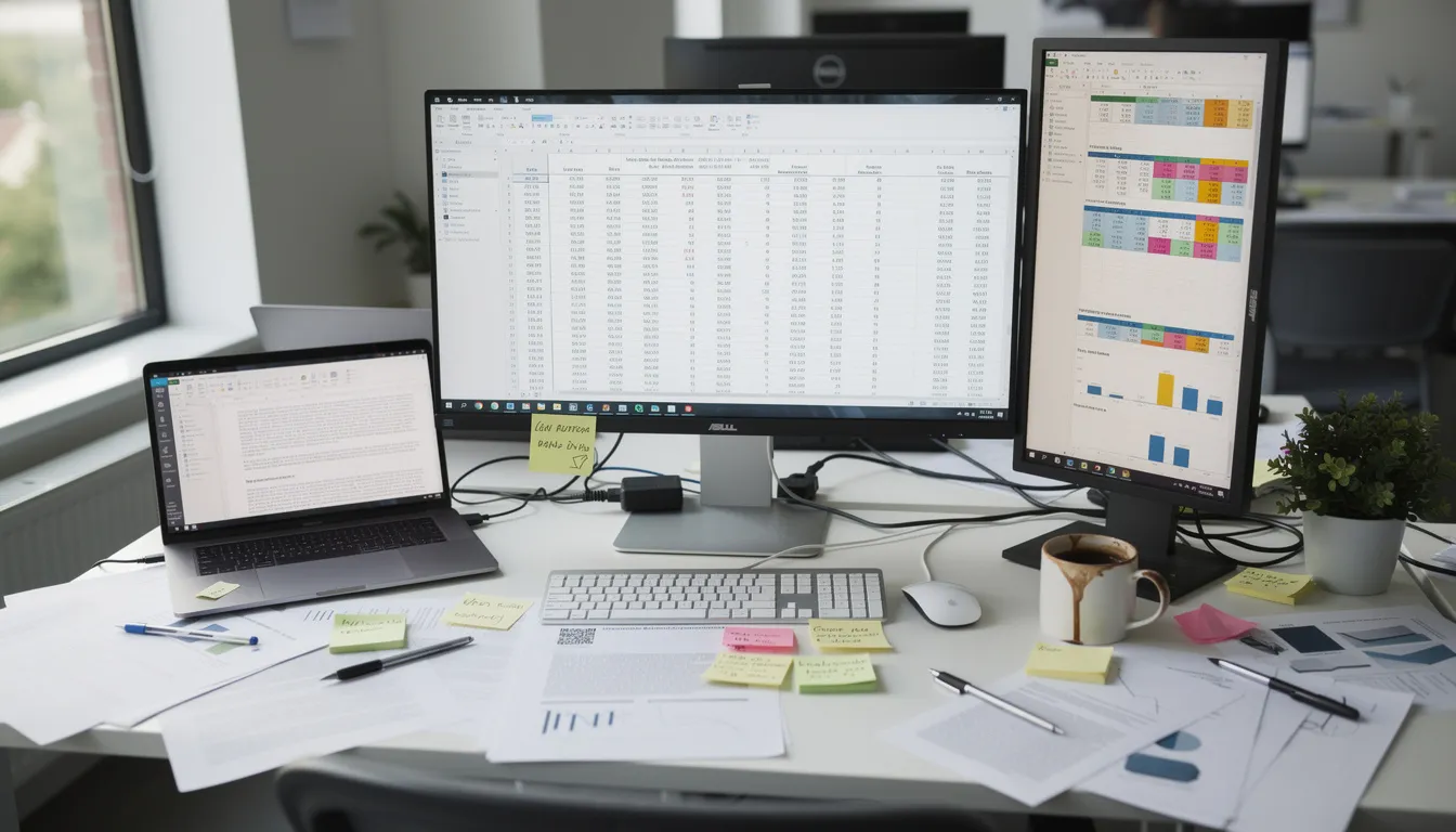 Na biurku w zagraconym biurze znajdują się liczne ekrany, na których wyświetlane są różne arkusze kalkulacyjne i dokumenty, co może sugerować intensywną pracę nad projektami informatycznymi oraz zarządzanie dostarczaniem produktów w kontekście customer relationship management. W tle słychać dźwięki klawiatury, co podkreśla dynamiczne środowisko pracy, w którym przedsiębiorcy analizują potencjalnych klientów i przygotowują oferty.