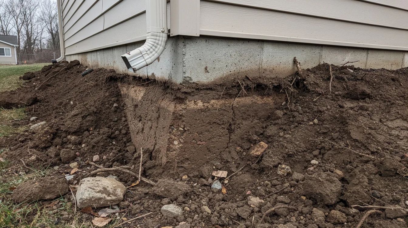 The image shows eroded soil and an exposed foundation edge at the corner of a residential home, indicating potential water damage issues. Homeowners in Pueblo West, Southern Colorado, may need to consider professional gutter cleaning and installation services to protect their property from further erosion and leaks.