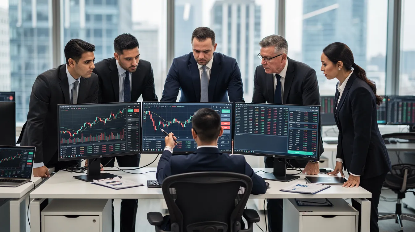 A professional financial operations team is gathered in a modern office, reviewing trading systems and discussing strategies relevant to the forex brokerage business. The environment reflects a focus on compliance with regulatory requirements and the dynamic nature of the foreign exchange market.