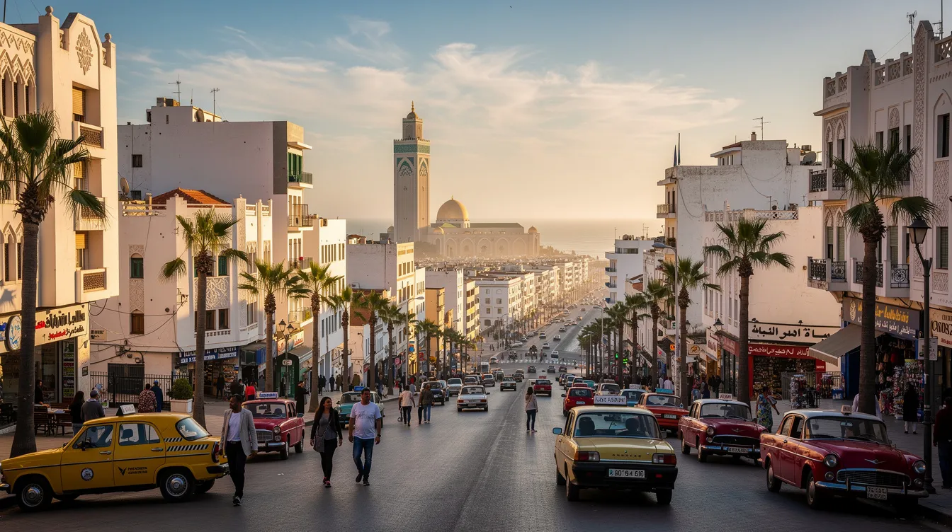 A imagem retrata a cidade de Casablanca, em Marrocos, com suas belas construções e a famosa mesquita Hassan II ao fundo. As ruas estão repletas de vida, com habitantes e turistas explorando as atrações locais, como os souks e cafés típicos.