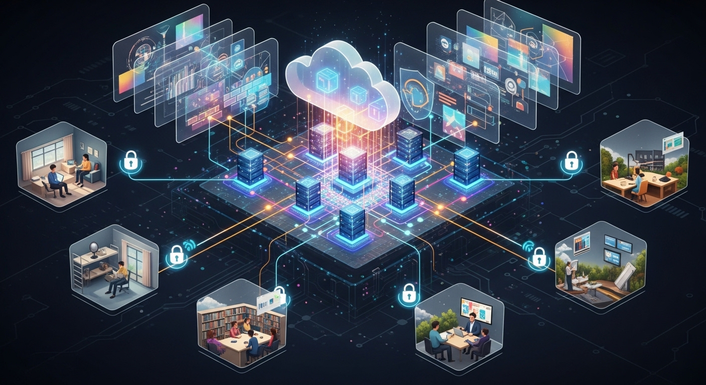 University cloud infrastructure connecting students and faculty from multiple locations with security layers protecting access.