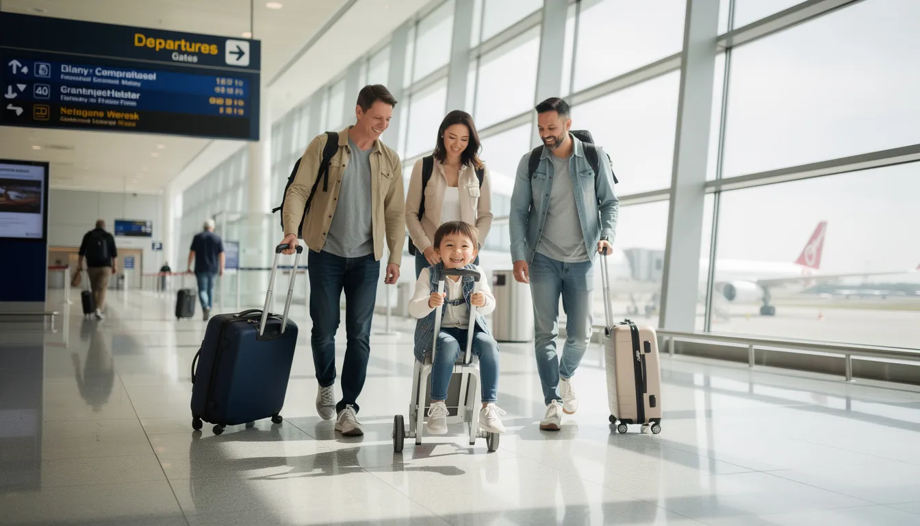 A family is walking through a bright airport terminal, with a child happily riding on a small piece of luggage, showcasing the excitement of travel. The scene captures the joyful moment of parents and their little one as they prepare for their upcoming flight.