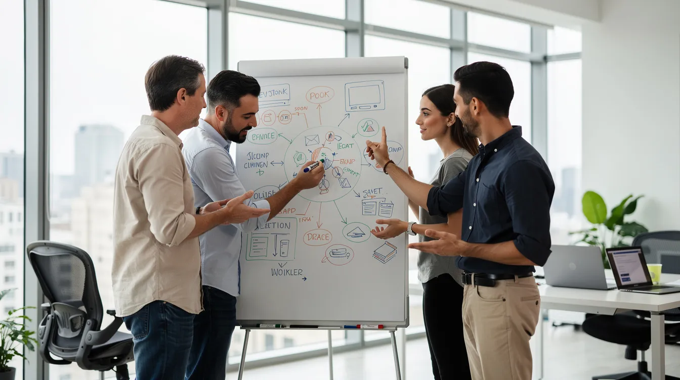 A small team of business leaders collaborates around a whiteboard in a modern office, discussing key performance indicators and strategies to support sustainable growth for their small business operations. They are focused on improving processes and tracking progress to enhance customer satisfaction and operational clarity.