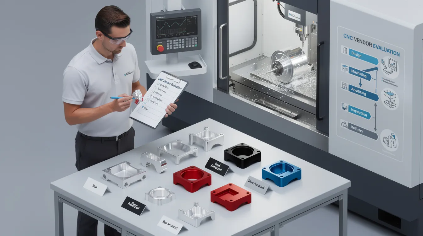 The image depicts a selection of anodized aluminum parts showcasing various colors and finishes, illustrating the anodizing process used by CNC vendors. The parts highlight the corrosion resistance and wear resistance provided by the anodized oxide layer, emphasizing the importance of choosing the right anodizing type for aluminum components.