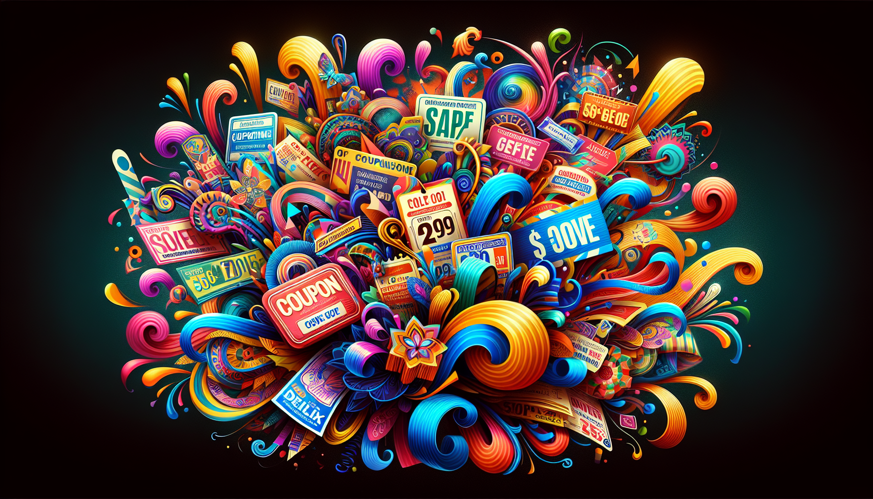 A colorful illustration depicting various Displays2go coupon codes for August 2024.