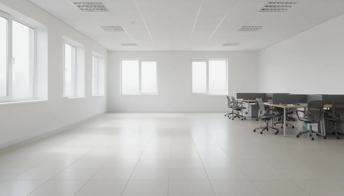 The image depicts an empty commercial office space with chairs and desks pushed to one side, revealing a clean tile floor that showcases the results of proper floor care. The smooth surface highlights the importance of stripping and waxing floors to maintain a polished appearance free from dirt and old wax buildup.
