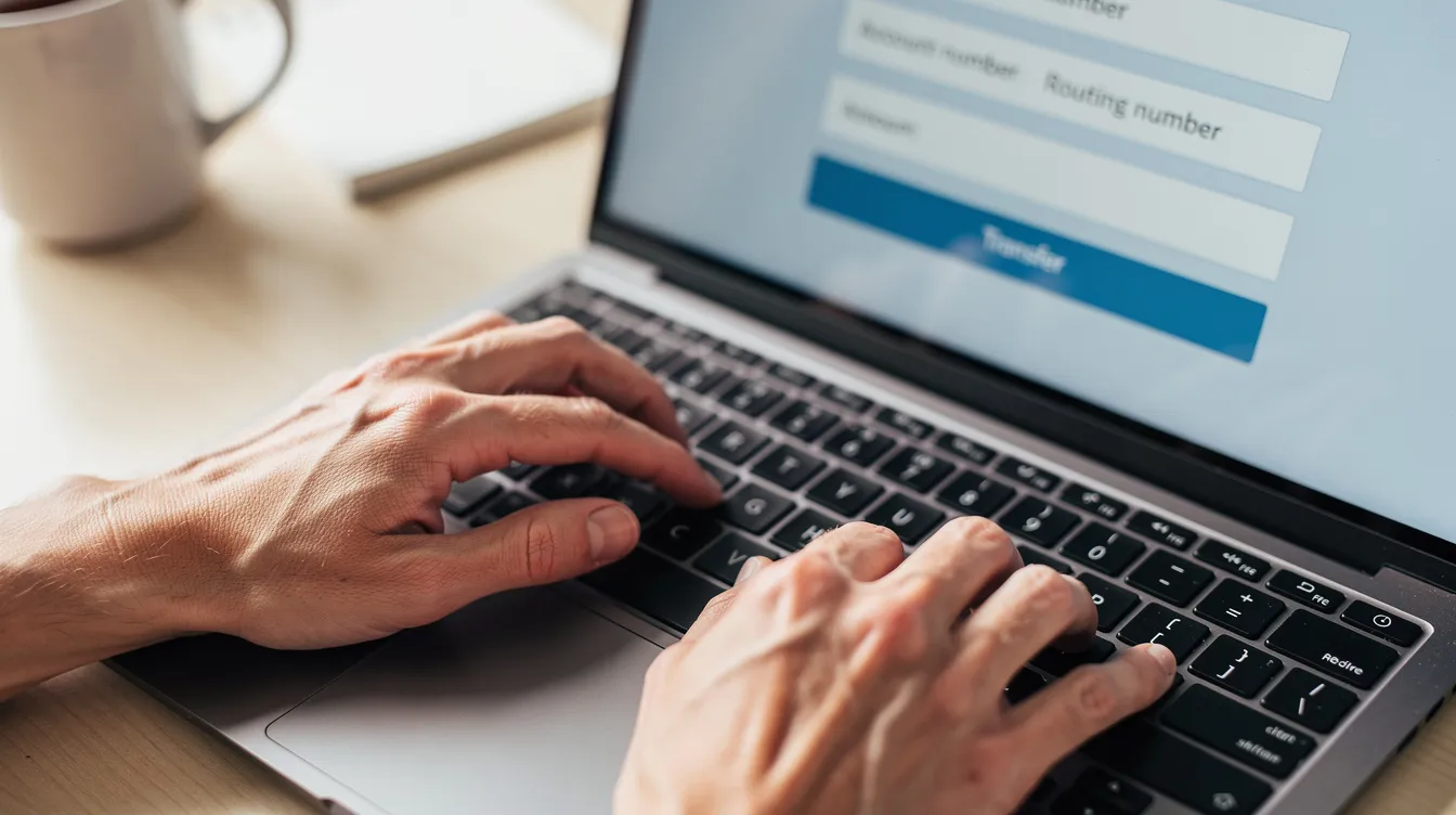 A close-up of a person's hands typing banking details on a laptop keyboard, focused on entering information for an international wire transfer. The scene emphasizes the importance of accuracy in inputting the correct bank name, swift code, and recipient details for successful transactions.