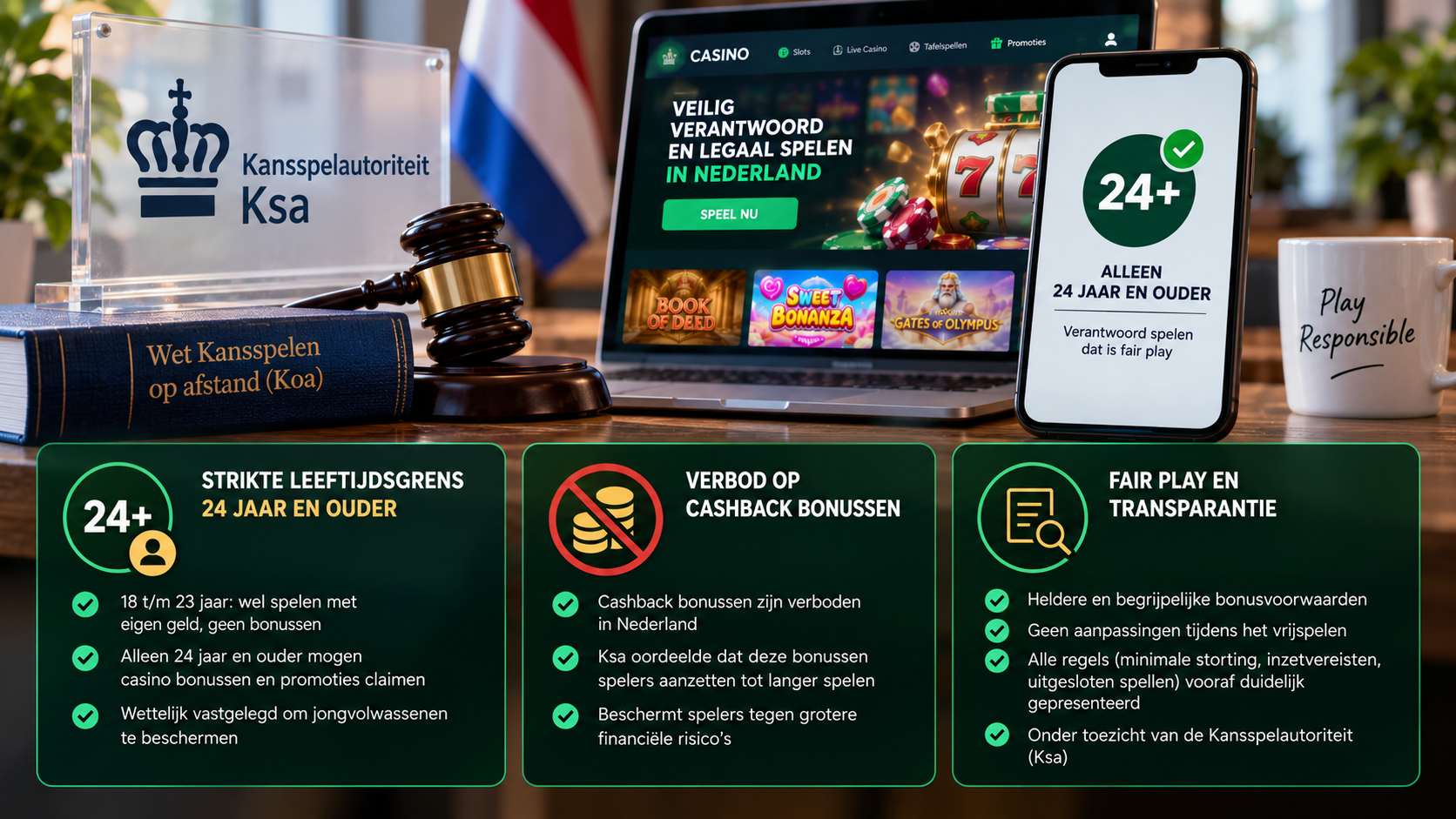 1. Nederlandse regels voor casino bonussen met 24+ leeftijdsgrens, verbod op cashback en fair play.