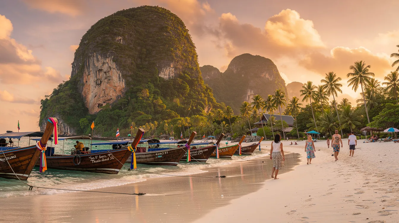 Imagem que retrata uma bela paisagem da Tailândia, destacando as ilhas paradisíacas e a rica vegetação tropical. Ao fundo, pode-se ver um barco ancorado próximo à costa, simbolizando as opções de passeios e estadias que atraem viajantes de todo o mundo.