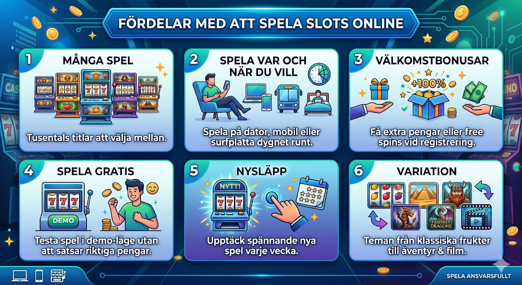 Fördelar med att spela slots online – många spel, bonusar, free spins och möjlighet att spela gratis på casino.