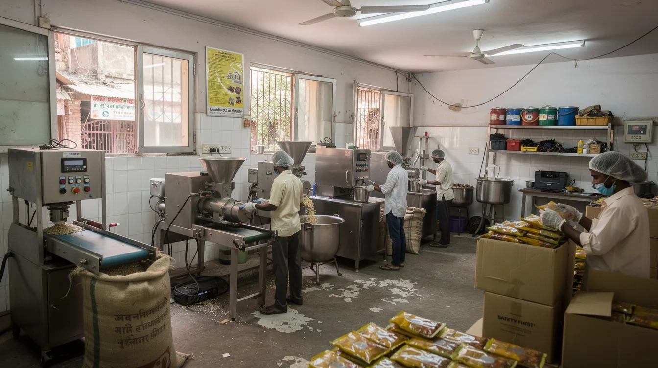 The image depicts a small food processing workshop in India, where several workers are engaged in operating machinery, highlighting the commercial manufacturing processes essential for micro enterprises. This scene reflects the vibrant activity within the industry, which often requires a detailed project report for securing financial assistance through schemes like the Mudra loan.
