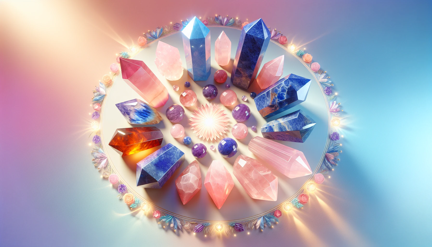 Illustration of various crystals like Rose Quartz, Lapis Lazuli, and Amethyst