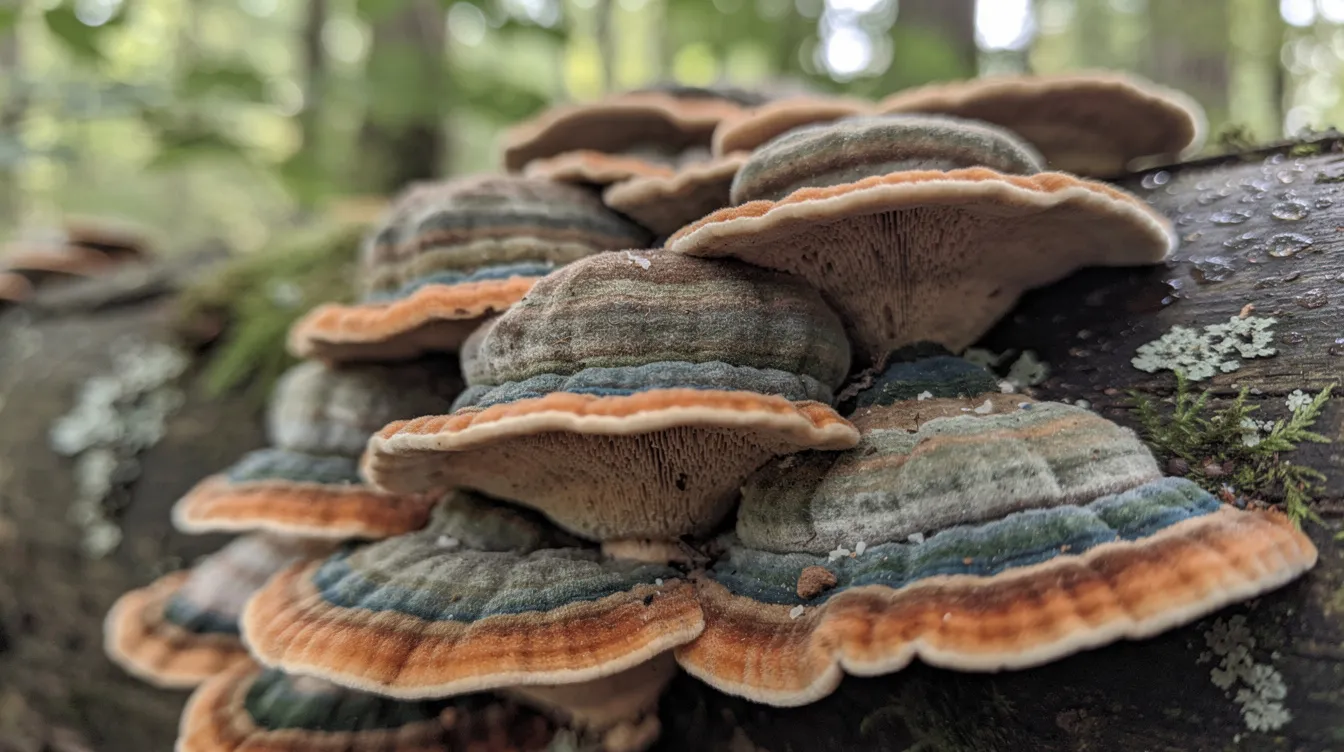 A close-up view of vibrant turkey tail mushrooms displays their colorful, overlapping layers on a fallen log in a temperate forest. These medicinal mushrooms are known for their remarkable health benefits, including supporting immune function and digestive health.