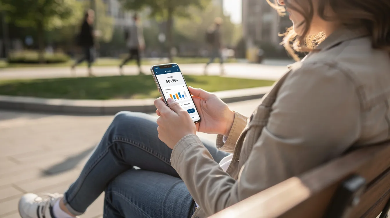 A person is sitting outdoors, using a smartphone to manage their banking activities, showcasing the convenience of mobile banking. This scene highlights the importance of financial inclusion and customer satisfaction with banks in Zambia, such as Stanbic Bank and United Bank.
