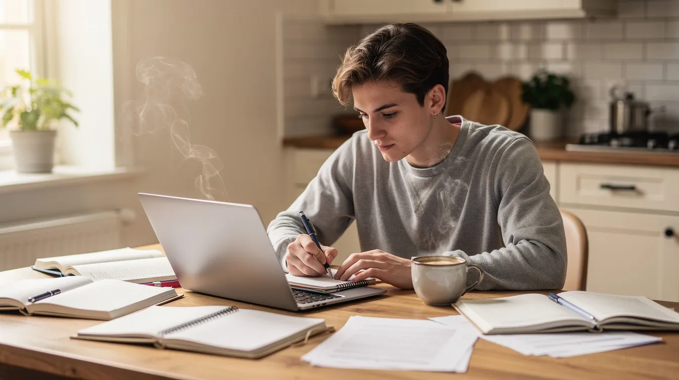 A student is focused on studying at home, surrounded by a laptop, open notebooks, and a steaming cup of coffee on a kitchen table. This scene reflects the dedication often seen in future medical coders and billing professionals as they prepare for their careers in healthcare administration and medical coding certification.