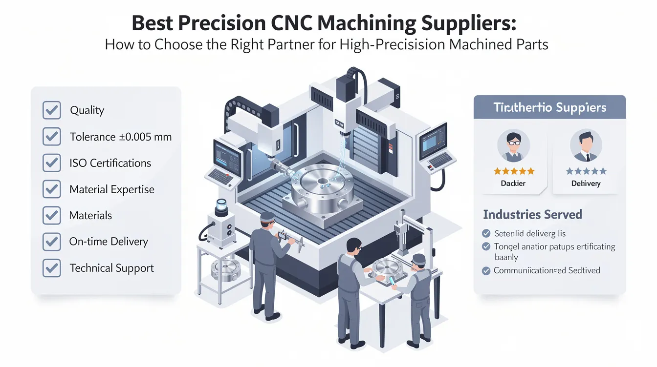 The image depicts a professional setting where engineers are evaluating CNC machining services, highlighting the importance of selecting the best precision CNC machining suppliers for high-precision machined parts. Various CNC machining centers and tools are visible, emphasizing technical expertise and the ability to produce custom parts with tight tolerances and complex geometries.
