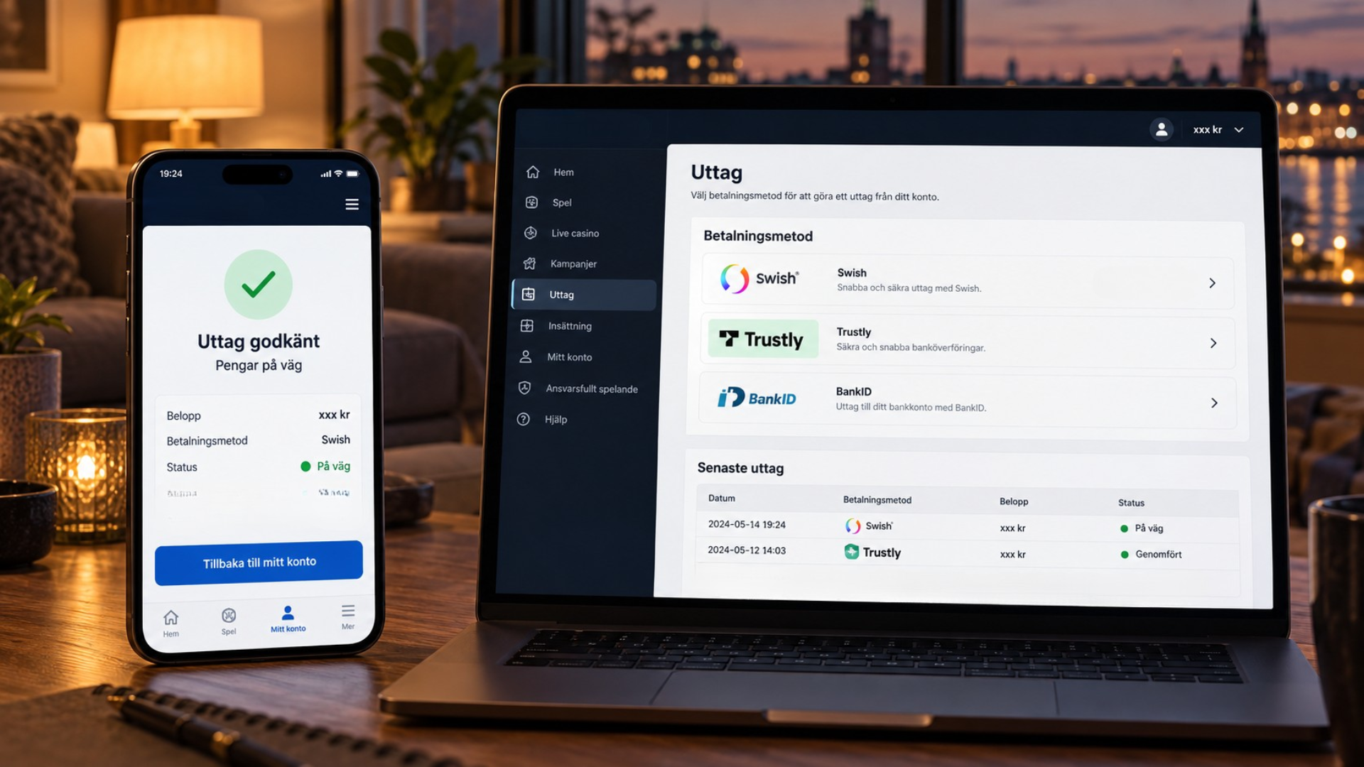 Mobil och laptop visar ett godkänt casinouttag med Swish, Trustly och BankID.