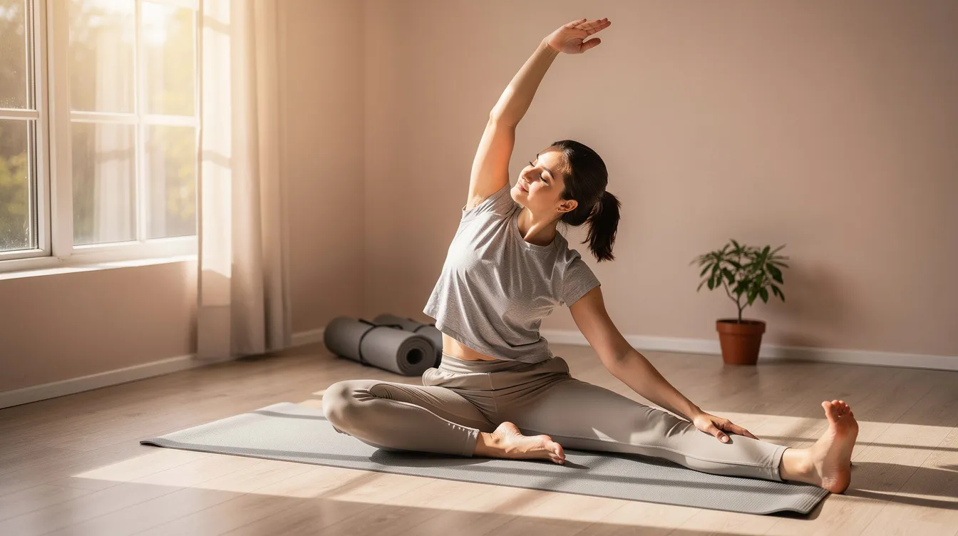 A person is gently stretching on a yoga mat in a calm, softly lit room, promoting relaxation and mindfulness, which can help mitigate the effects of sleep deprivation and improve overall sleep quality. The serene environment suggests a focus on achieving enough quality sleep for better cognitive and physical health.
