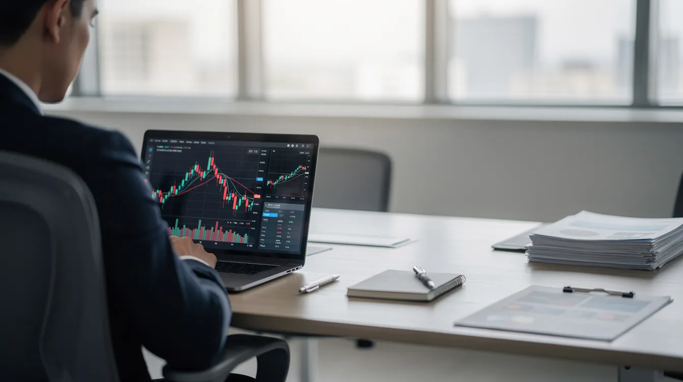 A person is focused on analyzing financial charts displayed on a laptop in a professional office environment, highlighting their engagement with trading strategies and market insights relevant to capital markets. The setting suggests an emphasis on active trading and the use of advanced charting tools, which are essential for forex traders and those exploring kcm trade services.