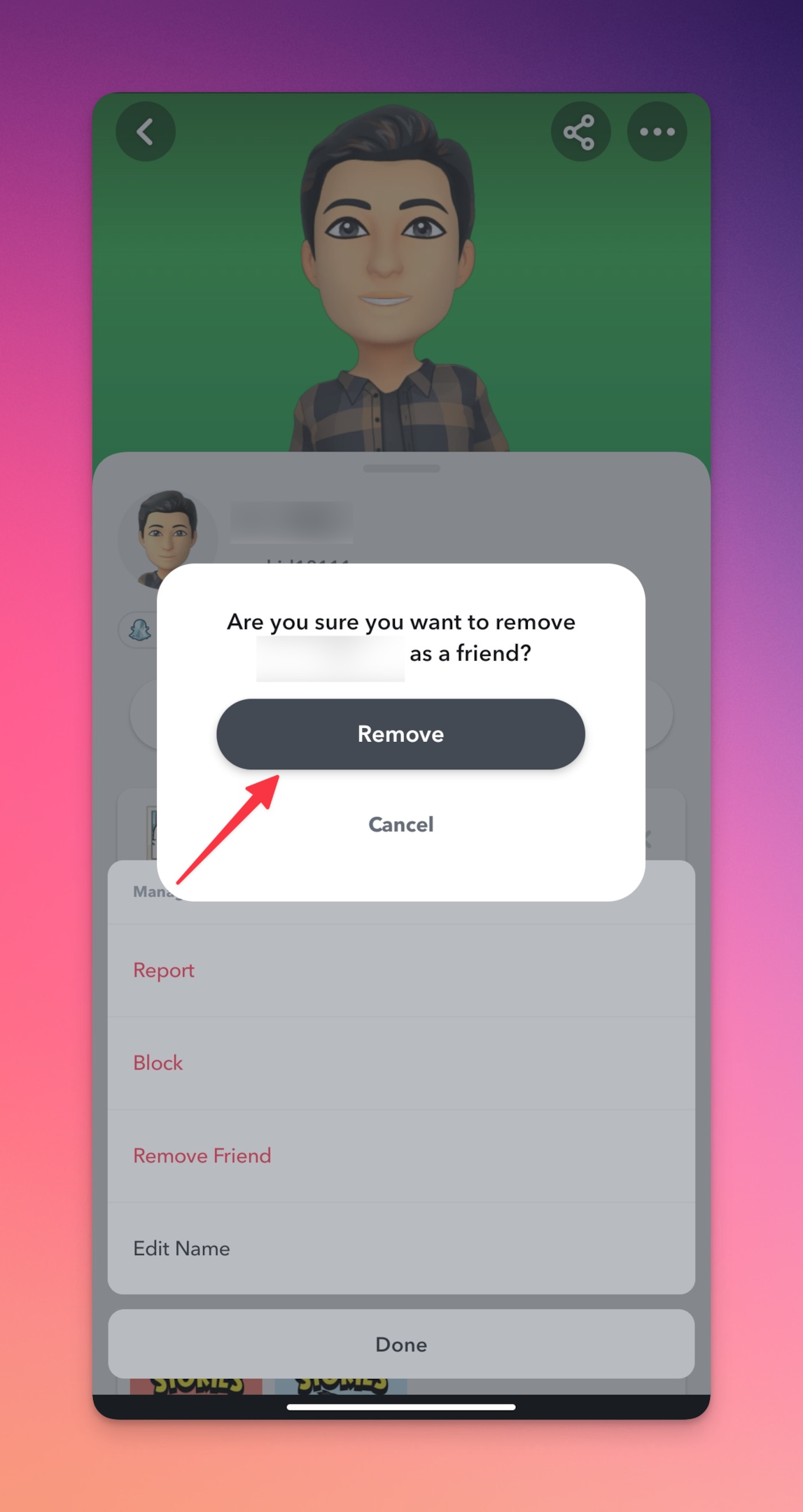Remote.tools pointing to the Remove button to confirm & remove them as friend on Snapchat